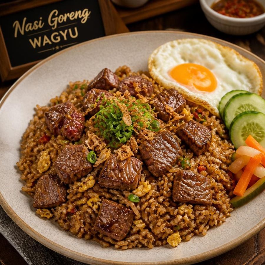 Foto Nasi Goreng Wagyu Te Sate dengan daging wagyu dan bumbu gurih