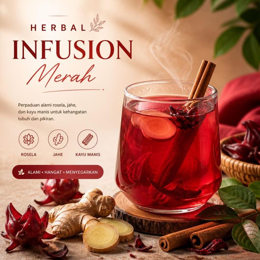 Foto Herbal Infusion Merah Te Sate dengan warna merah segar dan aroma herbal khas