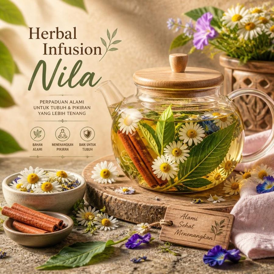 Foto Herbal Infusion Nila Te Sate dengan warna nila dan rasa herbal ringan