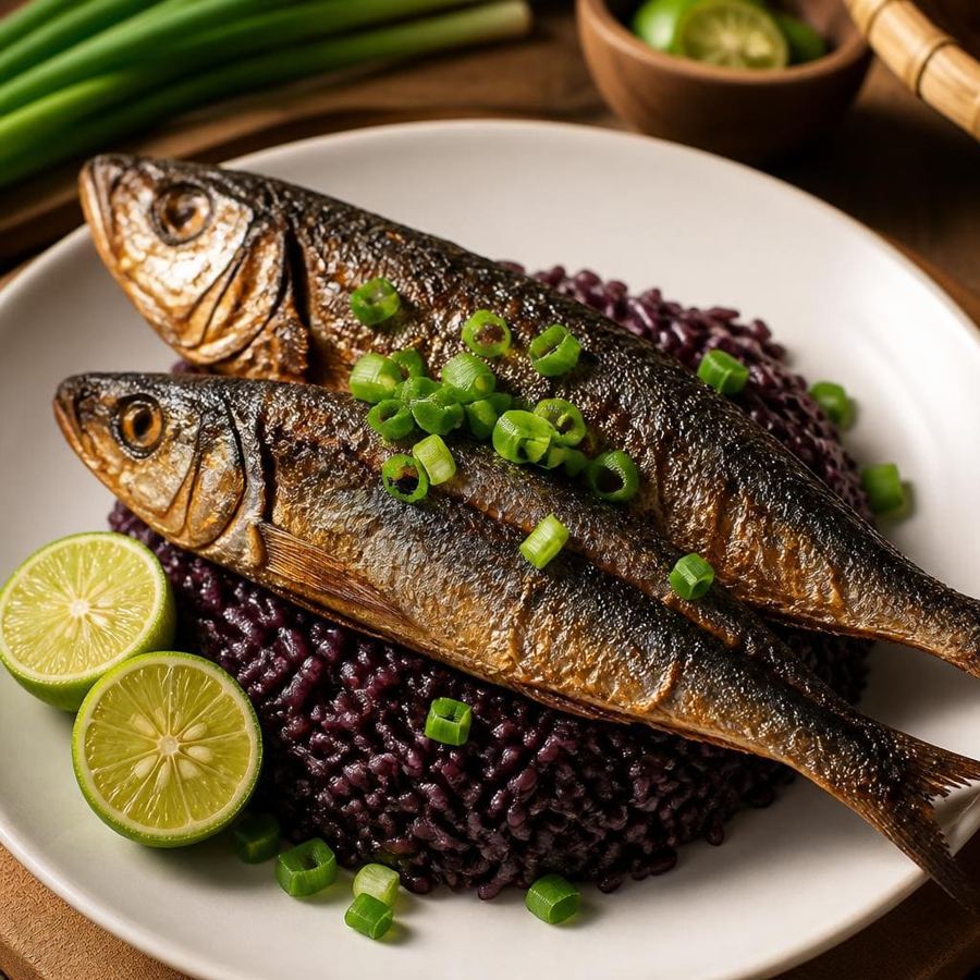 Foto Nasi Hitam Ikan Roa Te Sate dengan ikan roa gurih dan pelengkap khas