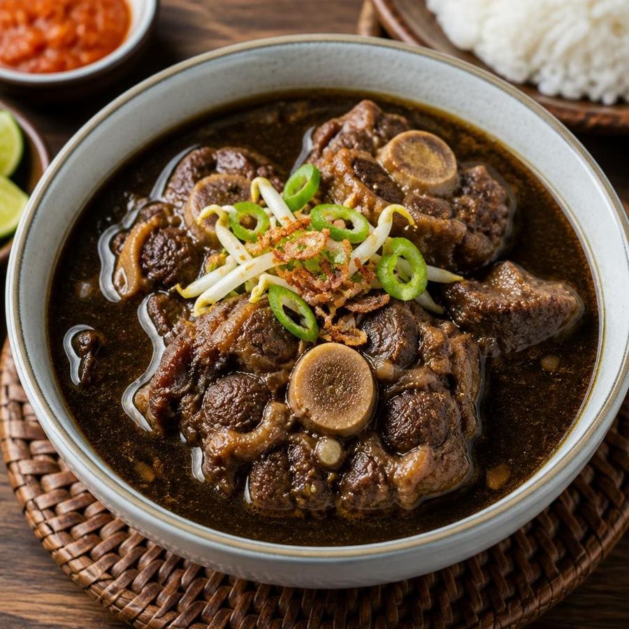 Foto Rawon Buntut Te Sate dengan kuah hitam khas dan potongan buntut sapi empuk