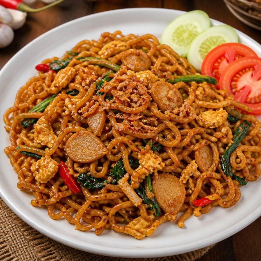 Foto Mie Goreng Te Sate dengan bumbu gurih dan pelengkap khas