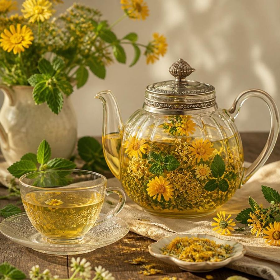 Foto Herbal Infusion Kuning Te Sate dengan warna kuning dan aroma herbal segar