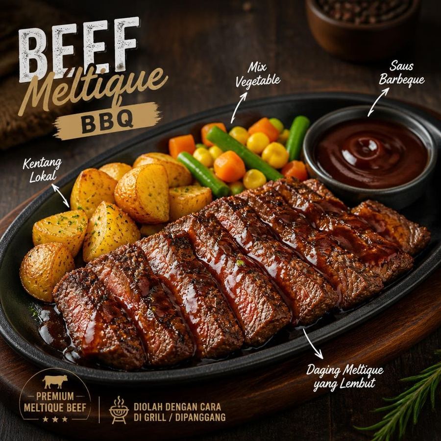 Foto Beef Meltique BBQ dengan daging meltique lembut, kentang lokal, dan mix vegetable