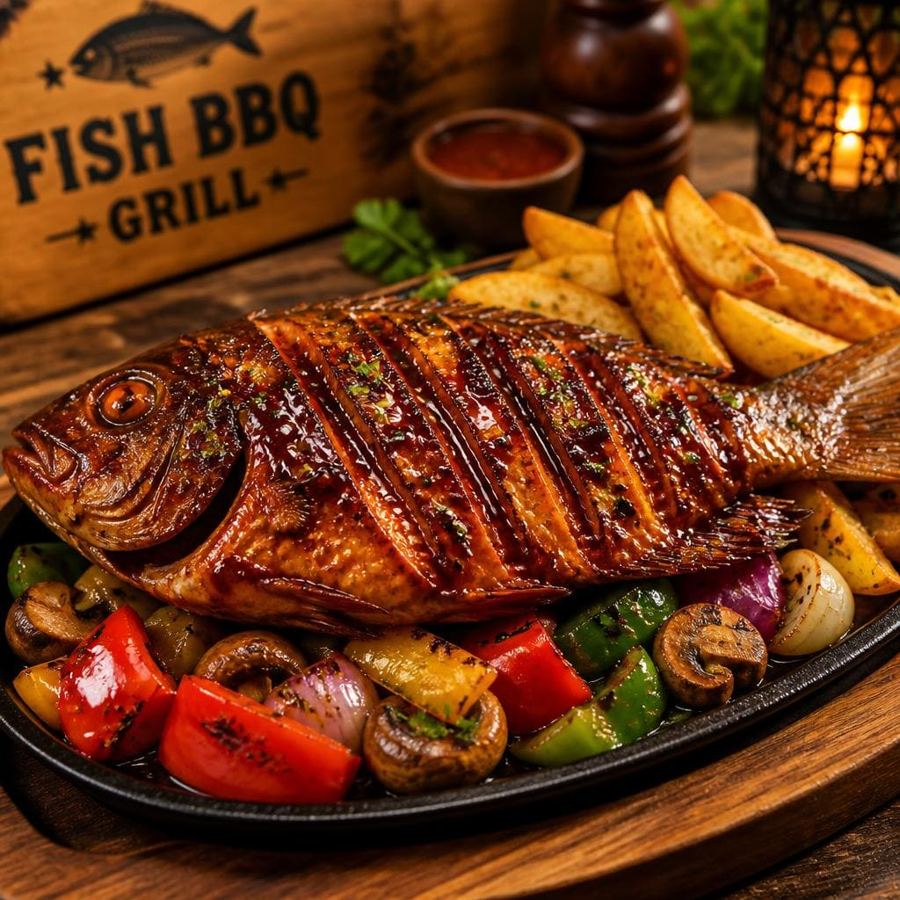 Foto Fish Bbq Grill dengan ikan grill, BBQ sauce, kentang, dan mix vegetable