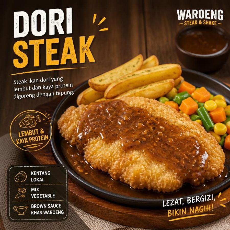 Foto Dori Steak dengan ikan dori lembut, kentang lokal, dan sayuran