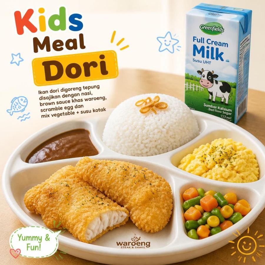 Foto Kids Meal Dori dengan ikan dori goreng tepung, nasi, brown sauce, dan milk