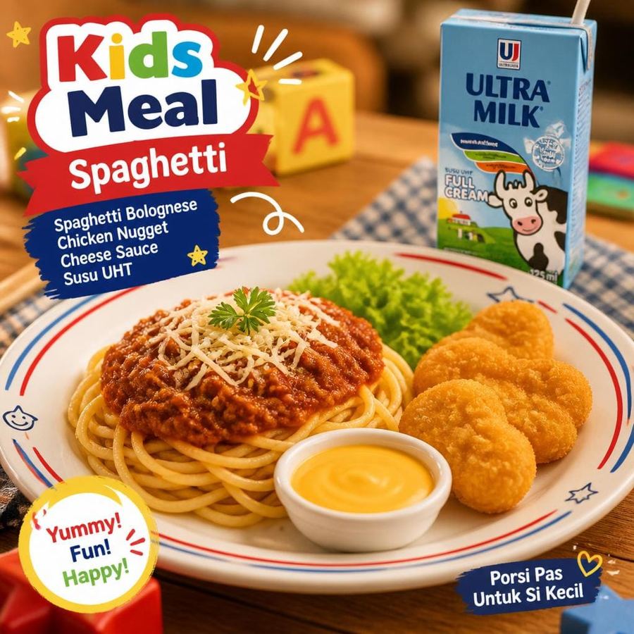 Foto Kids Meal Spaghetti dengan spaghetti bolognese, potongan chicken, dan milk