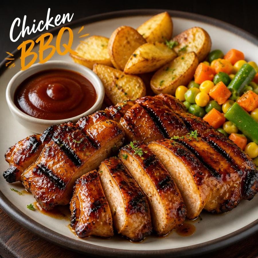 Foto Chicken BBQ dengan daging ayam empuk, kentang lokal, dan mix vegetable