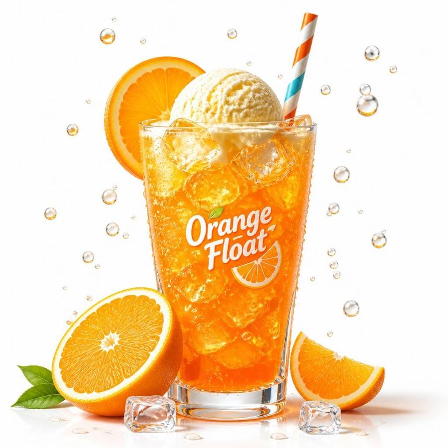 Foto Orange Float dengan minuman rasa jeruk dan topping es krim vanilla
