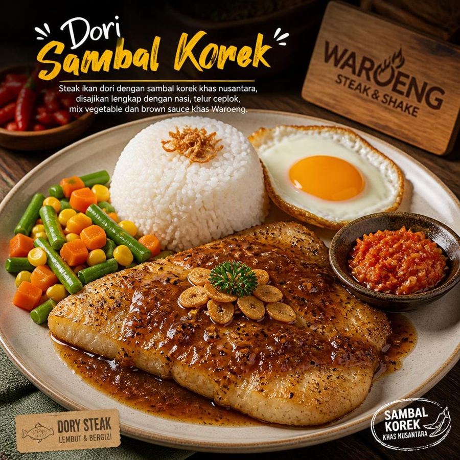 Foto Dori Sambal Korek dengan steak ikan dori, nasi, telur ceplok, dan mix vegetable