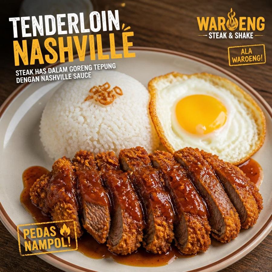 Foto Tenderloin Nashville dengan steak daging sapi bagian has dalam, nasi, telur, dan saus Nashville
