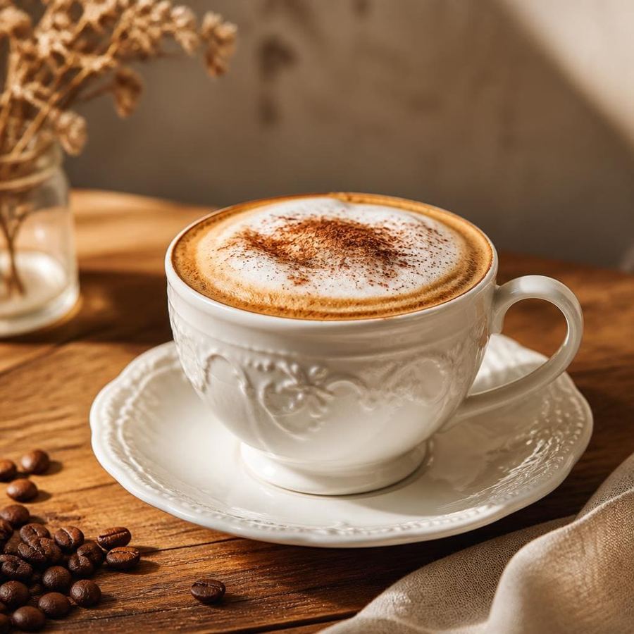 Foto Cappucino dengan rasa kopi creamy dan topping bubuk cokelat