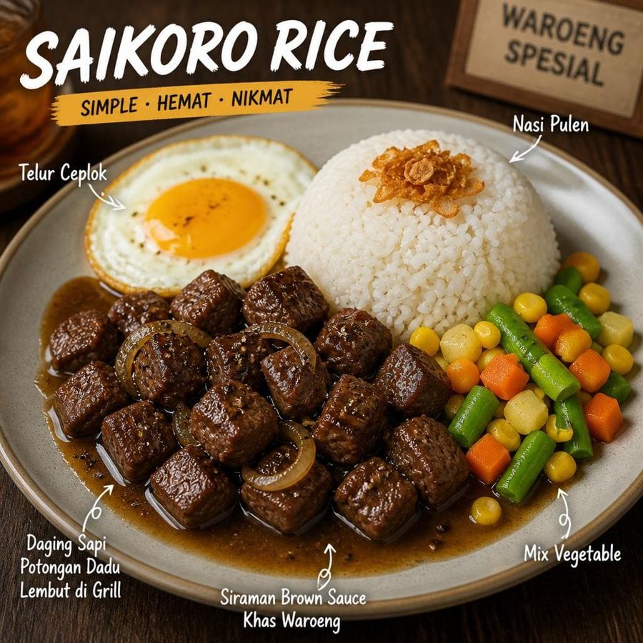 Foto Saikoro Rice dengan daging sapi potongan dadu, nasi, telur, dan mix vegetable