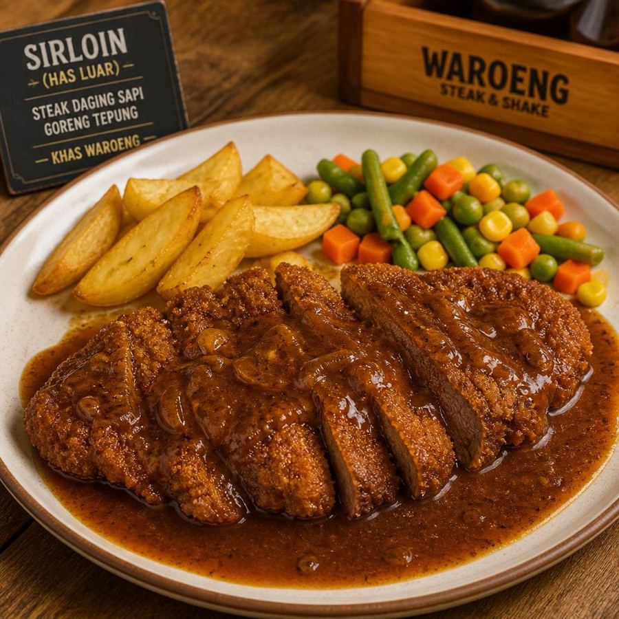 Foto Sirloin dengan steak daging sapi bagian has luar, kentang lokal, dan sayuran