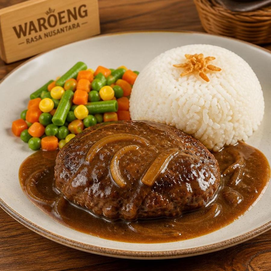 Foto Beef Hamburg Brownsauce dengan daging hamburg lembut dan saus brown sauce
