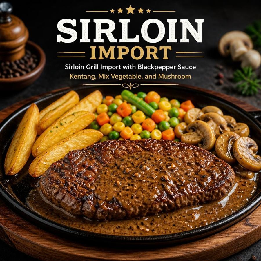 Foto Sirloin Import dengan sirloin grill, blackpepper sauce, kentang, dan mix vegetable