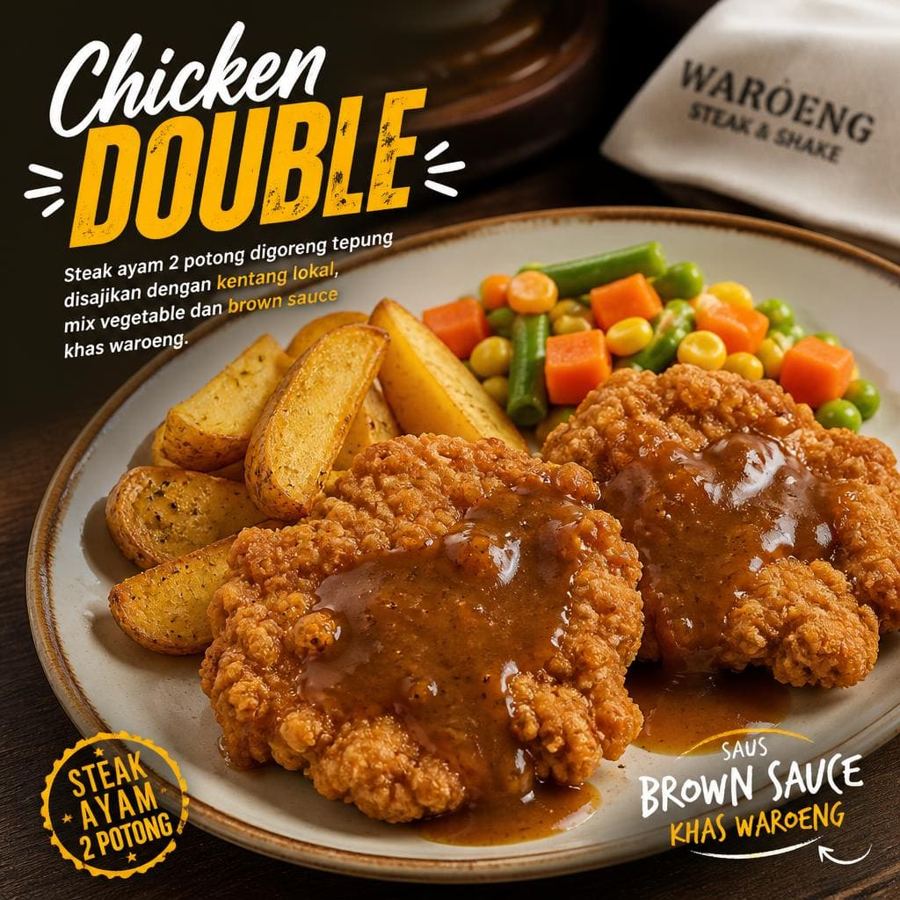 Foto Chicken Double dengan dua potong steak ayam goreng tepung dan kentang lokal
