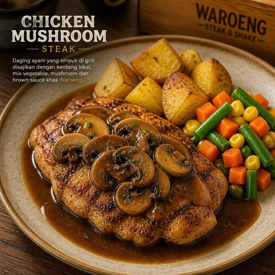 Foto Chicken Mushroom dengan steak ayam grill, saus jamur, kentang lokal, dan sayuran