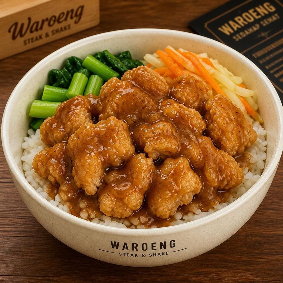 Foto Rice Bowl Chicken dengan potongan daging ayam goreng tepung dan nasi