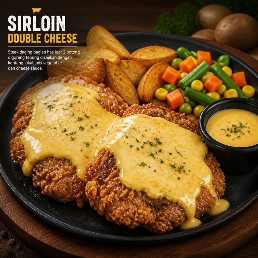 Foto Sirloin Double Cheese dengan dua potong steak daging sapi bagian has luar dan saus keju