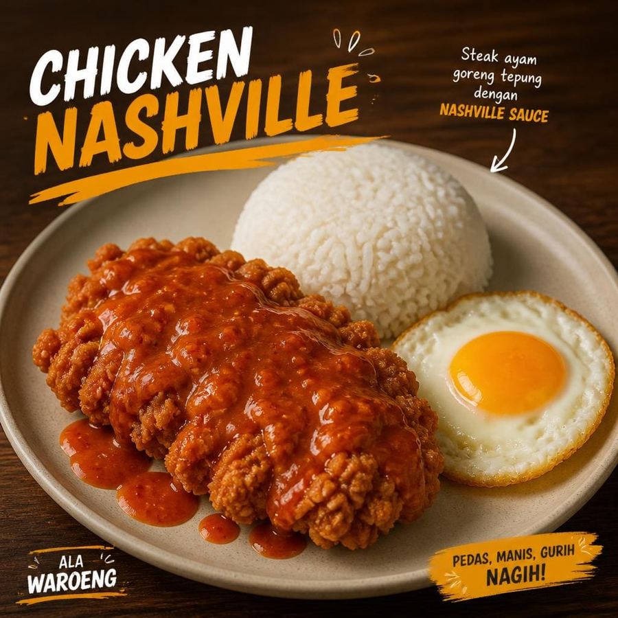 Foto Chicken Nashville dengan steak ayam goreng tepung, nasi, telur, dan saus Nashville