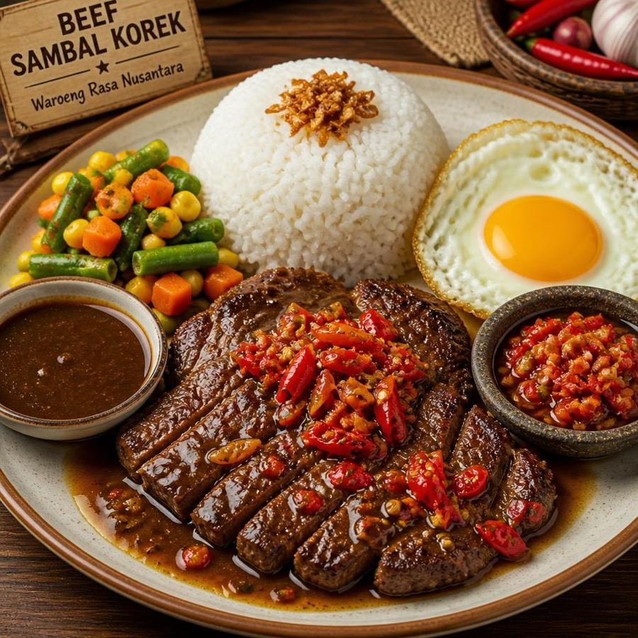 Foto Beef Sambal Korek dengan steak daging sapi, nasi, telur ceplok, dan mix vegetable