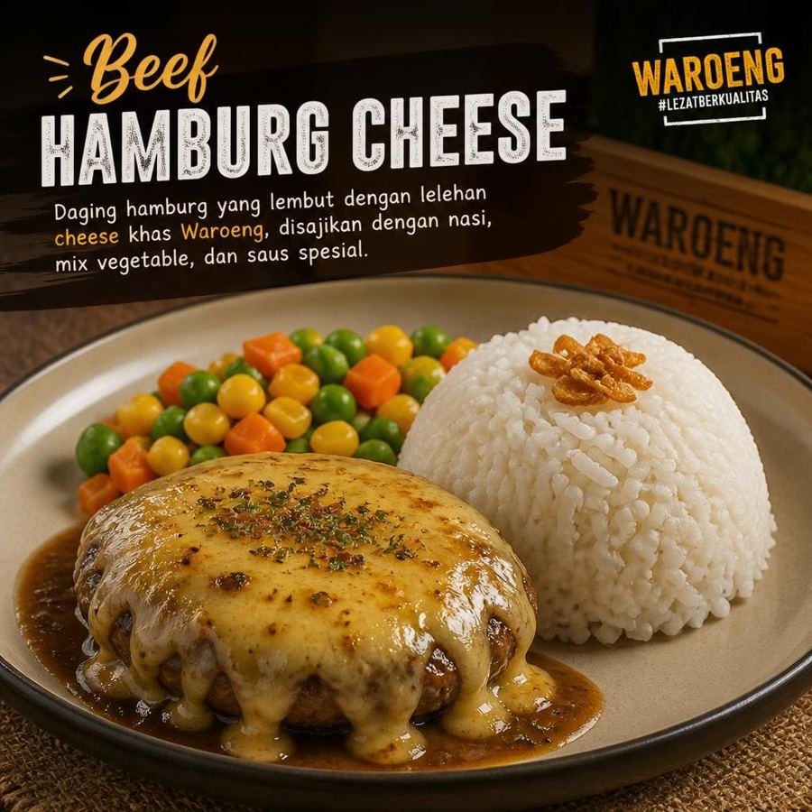 Foto Beef Hamburg Cheese dengan daging hamburg lembut dan saus keju