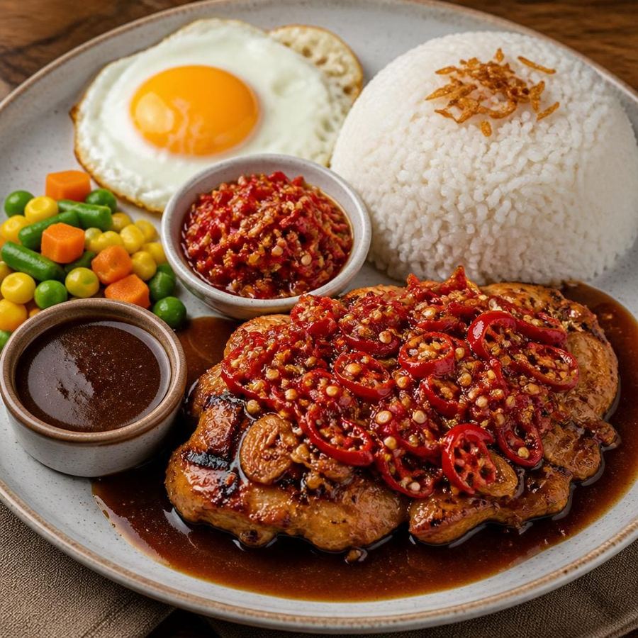 Foto Chicken Sambal Korek dengan steak ayam, nasi, telur ceplok, dan mix vegetable