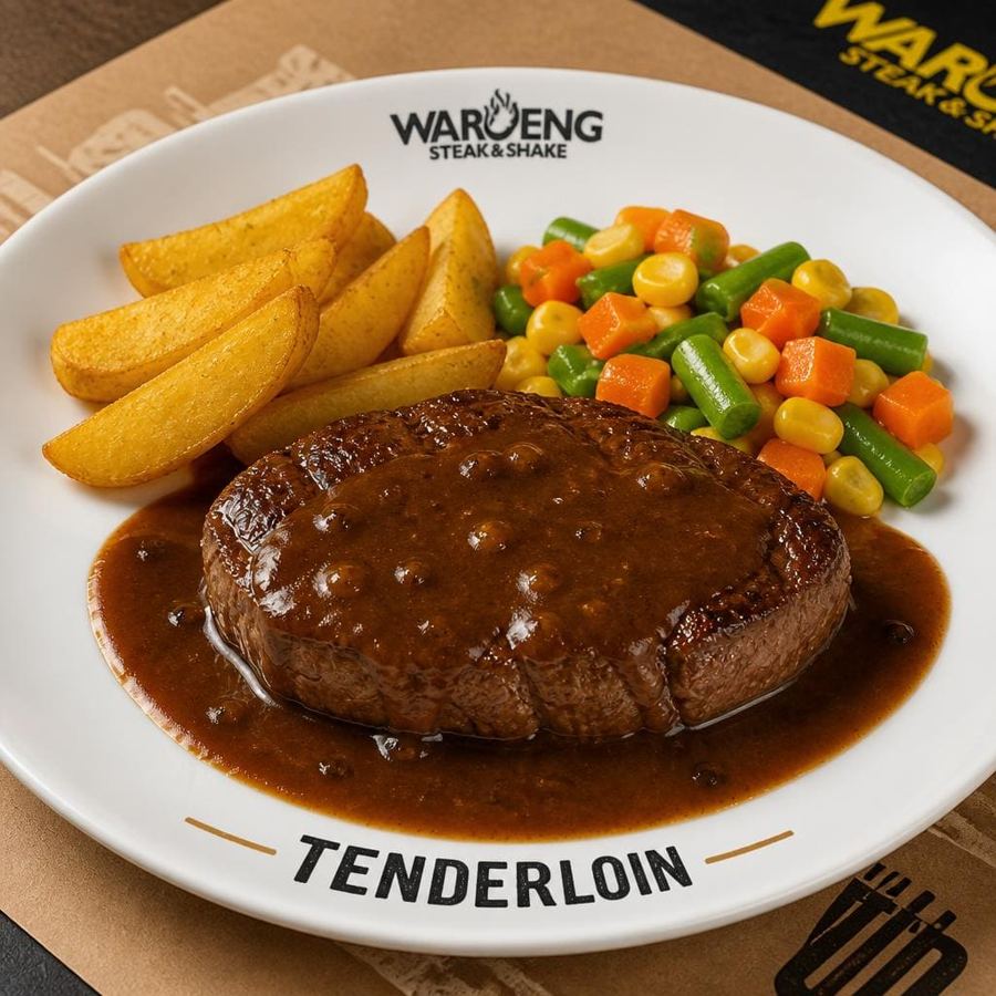 Foto Tenderloin dengan brown sauce khas Waroeng, kentang lokal, dan sayuran