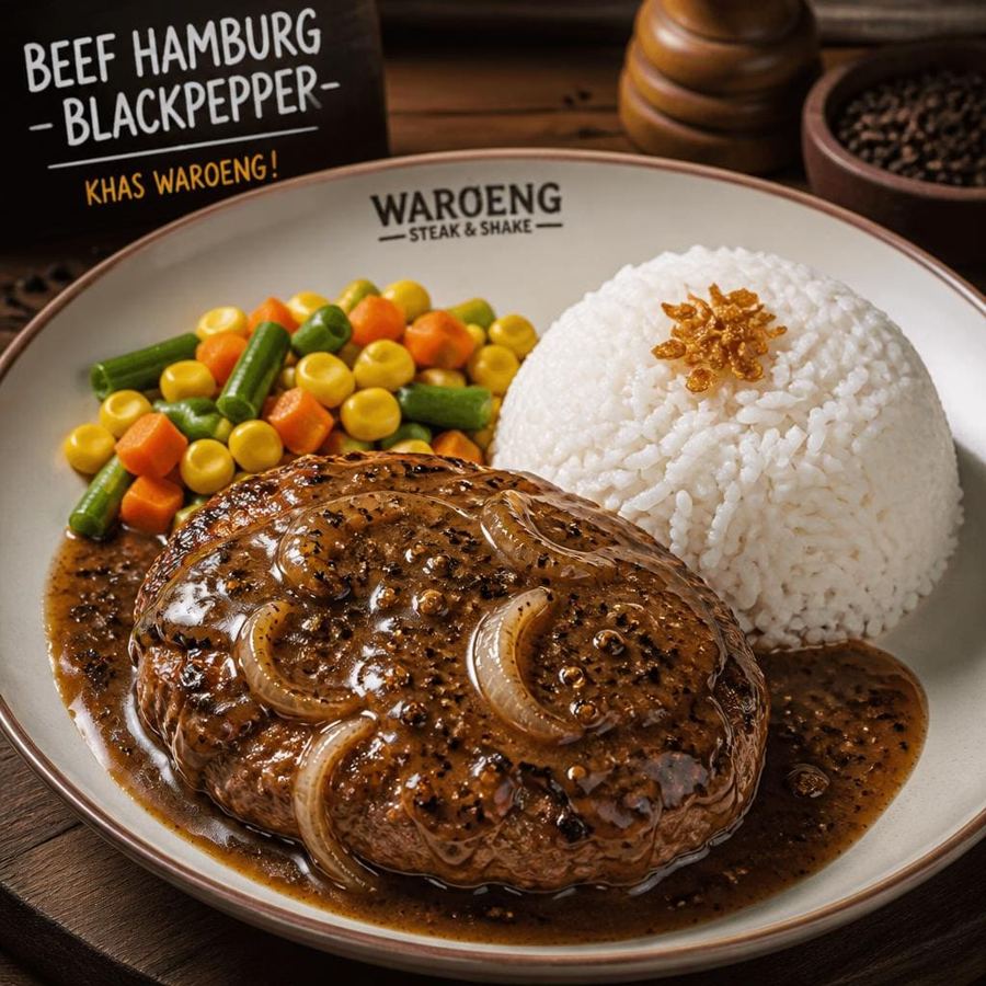 Foto Beef Hamburg Blackpepper dengan daging hamburg lembut dan saus lada hitam