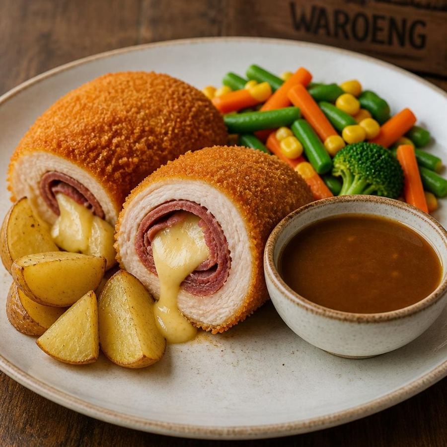 Foto Cordon Bleu dengan daging ayam filet berisi keju dan daging