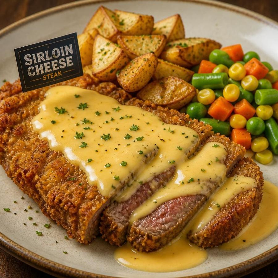 Foto Sirloin Cheese dengan steak daging sapi bagian has luar dan saus keju