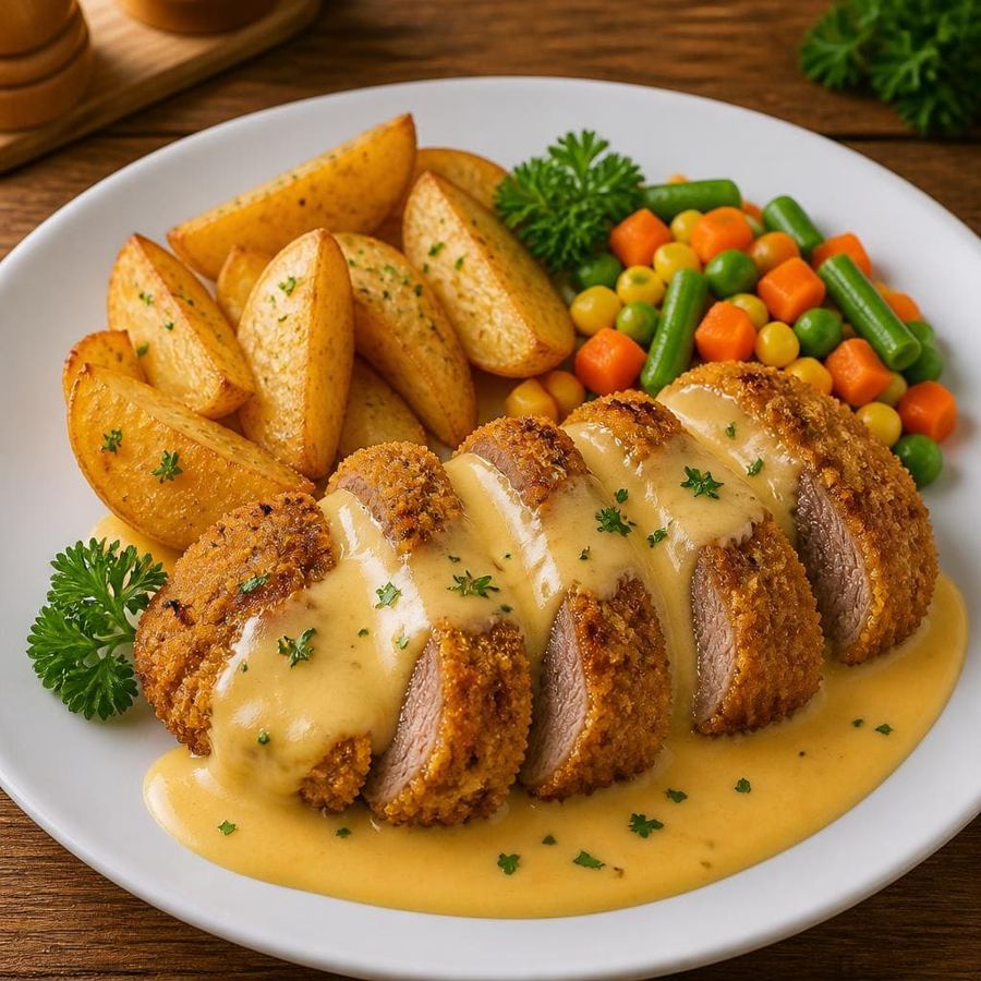 Foto Tenderloin Cheese dengan steak daging sapi bagian has dalam dan saus keju