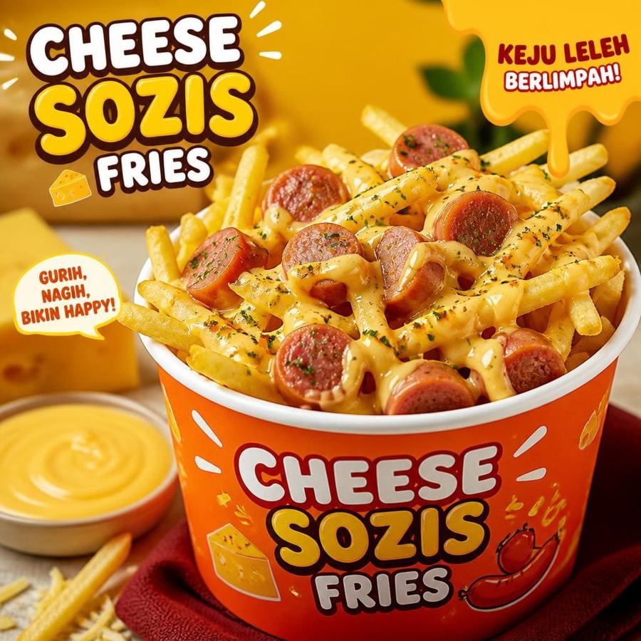 Foto Cheese Sozis Fries dengan kentang goreng, sosis, dan saus keju