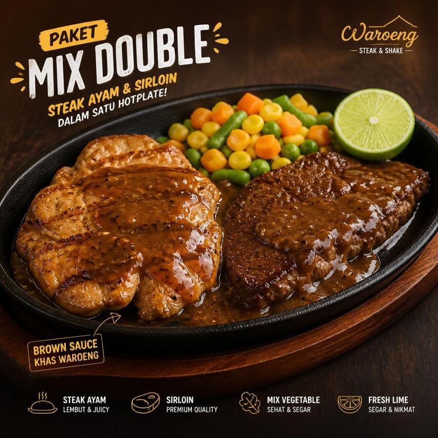 Foto Paket Mix Double dengan steak ayam, sirloin, mix vegetable, brown sauce, dan minuman