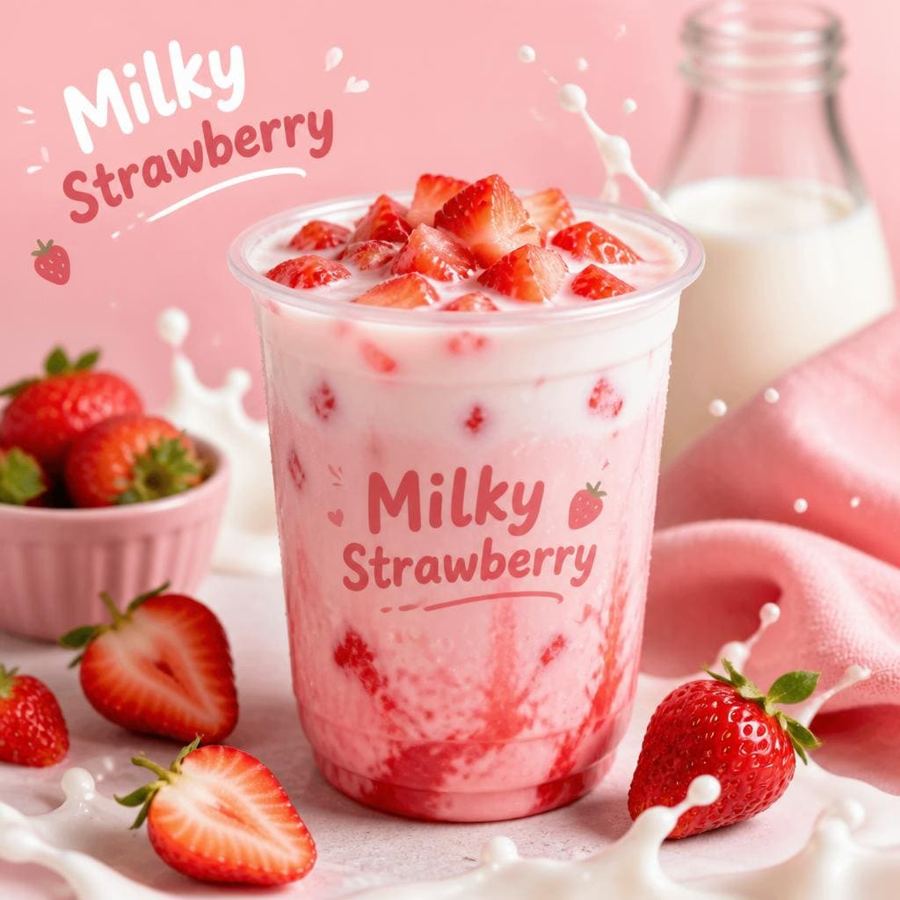 Foto Milky Strawberry dengan rasa susu dan stroberi segar