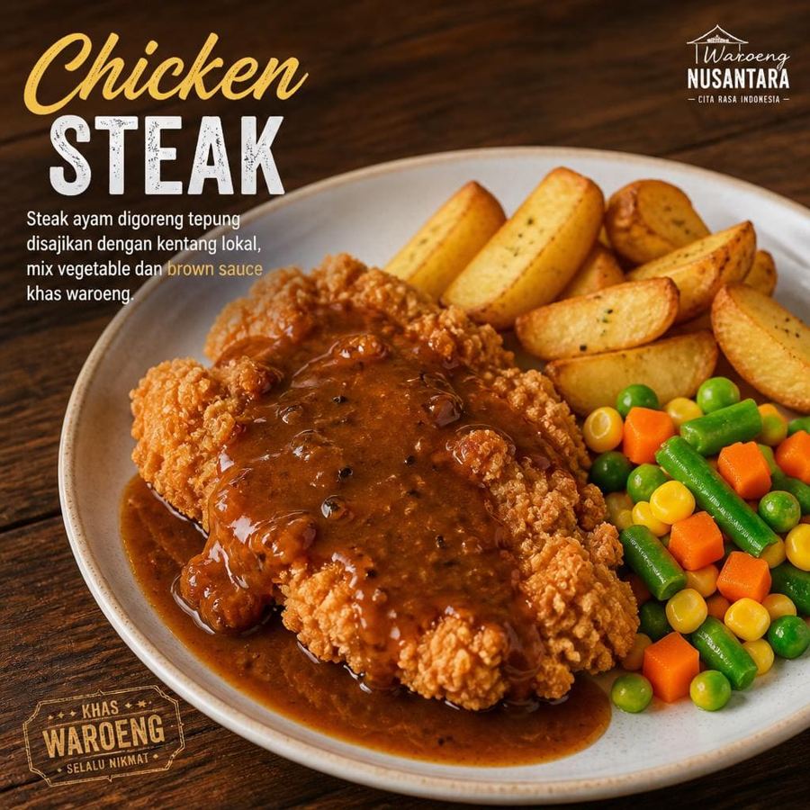 Foto Chicken dengan steak ayam goreng tepung, kentang lokal, dan sayuran