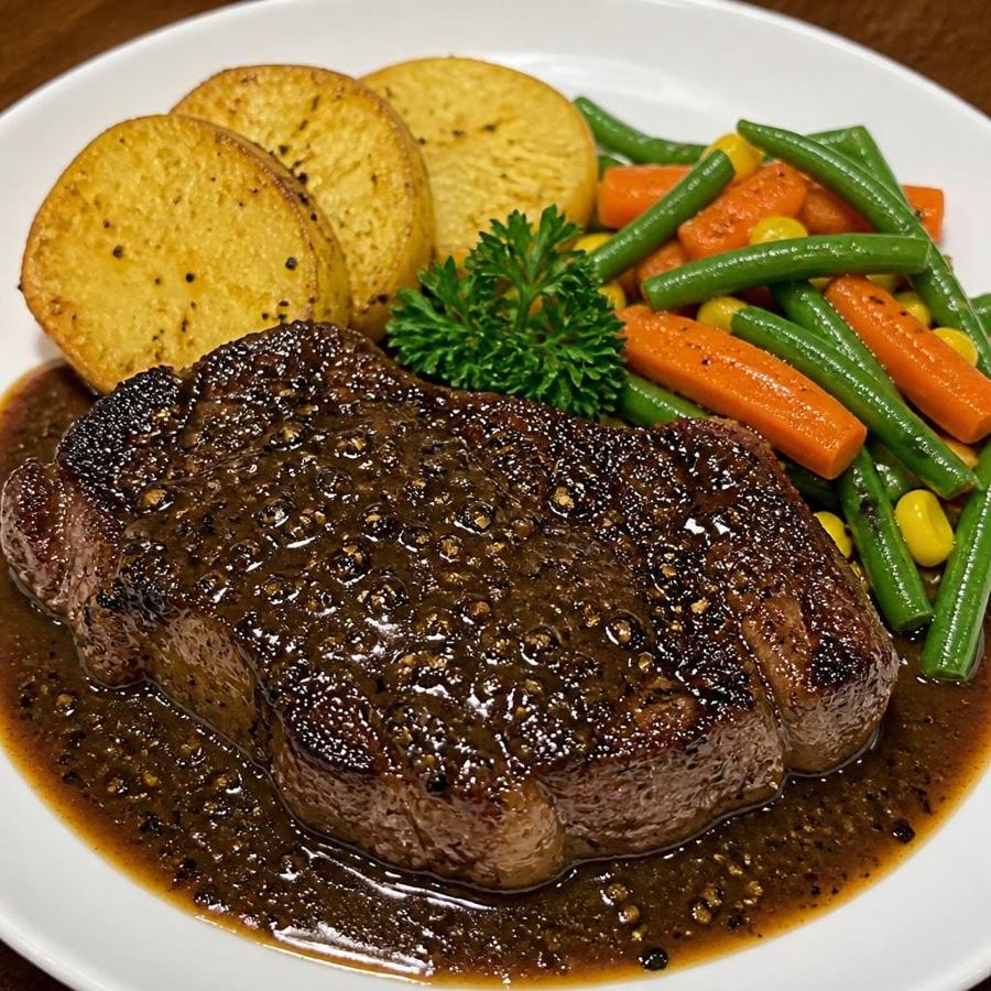 Foto Beef Blackpepper dengan steak daging sapi empuk, saus lada hitam, kentang lokal, dan sayuran
