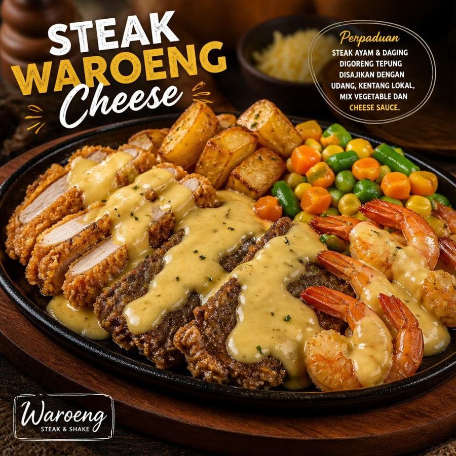 Foto Steak Waroeng Cheese dengan perpaduan steak ayam, daging sapi, dan saus keju