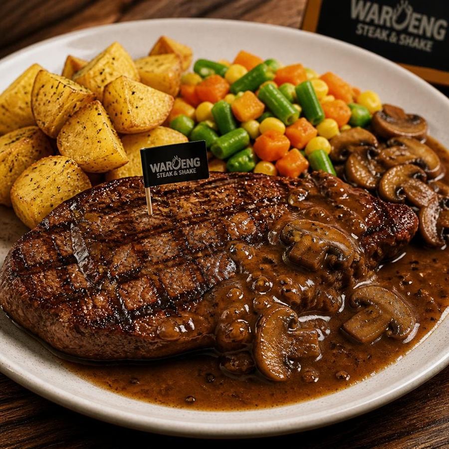 Foto Beef Steak dengan daging sapi lembut, kentang lokal, dan mix vegetable
