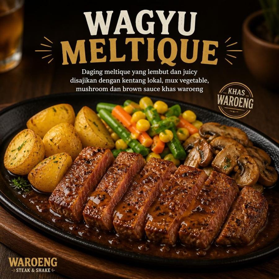 Foto Wagyu Meltique dengan daging meltique lembut, juicy, kentang, dan mix vegetable