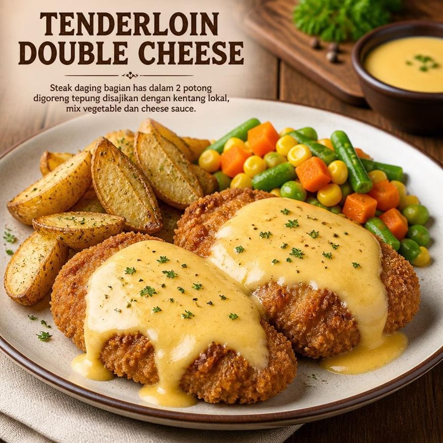 Foto Tenderloin Double Cheese dengan dua potong steak daging sapi bagian has dalam dan saus keju