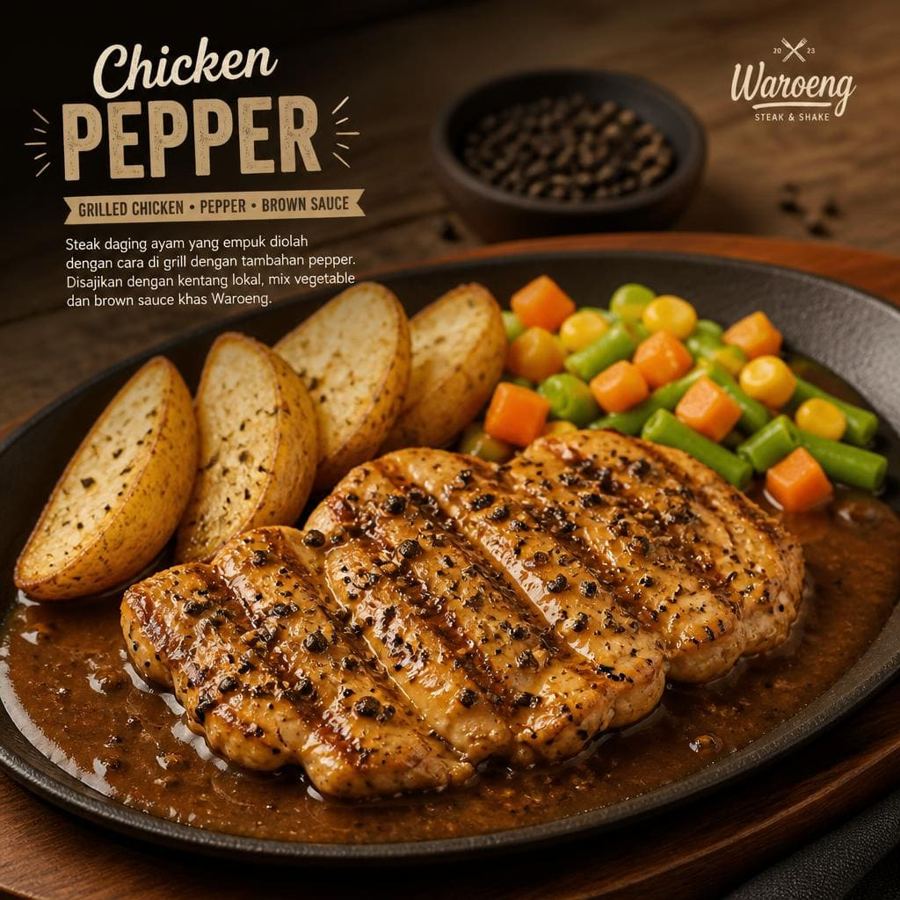 Foto Chicken Pepper dengan steak ayam grill, saus pepper, kentang lokal, dan sayuran