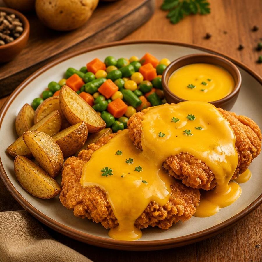 Foto Chicken Double Cheese dengan dua potong steak ayam goreng tepung dan saus keju
