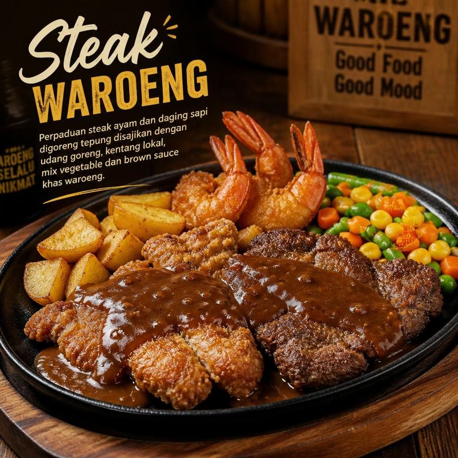 Foto Steak Waroeng dengan perpaduan steak ayam dan daging sapi goreng tepung