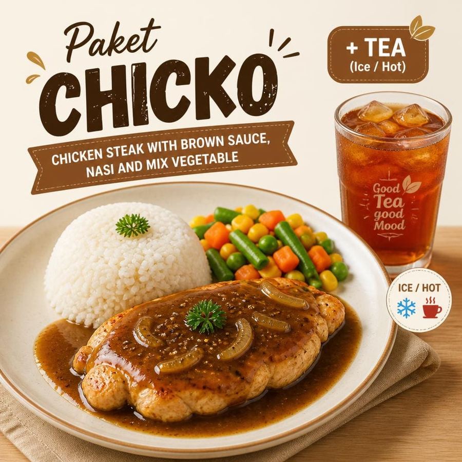 Foto Paket Chicko dengan chicken steak, brown sauce, nasi, mix vegetable, dan tea