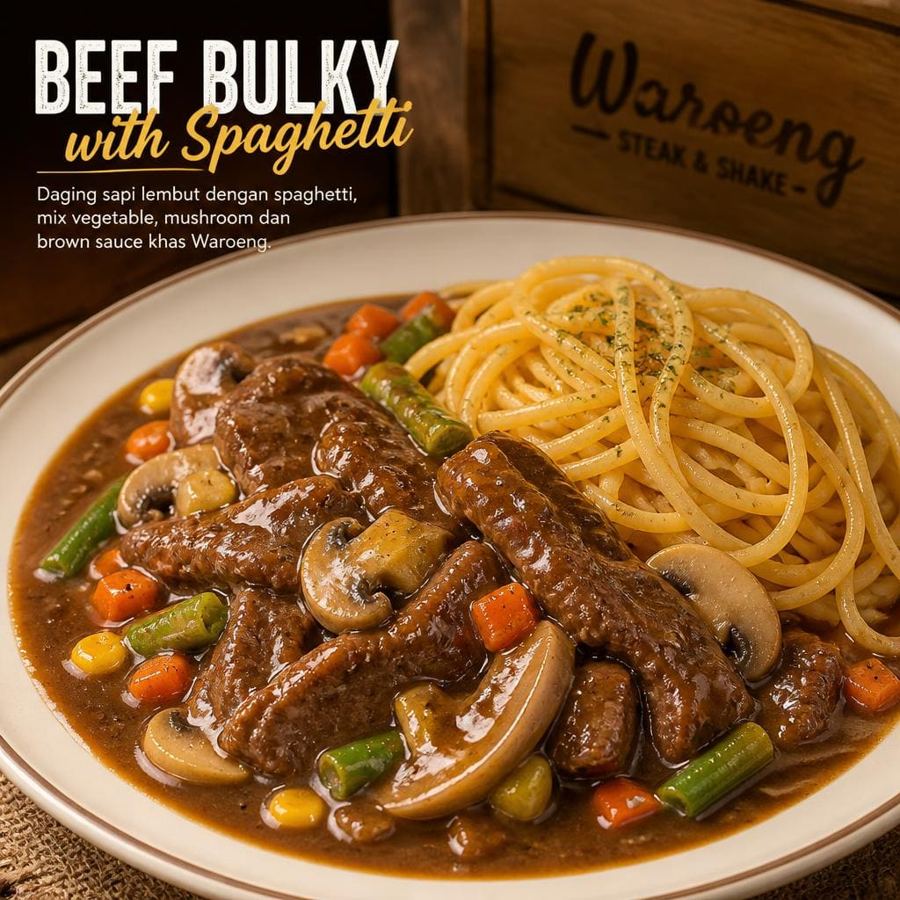 Foto Beef Bulky with Spaghetti dengan daging lembut, spaghetti, dan mix vegetable