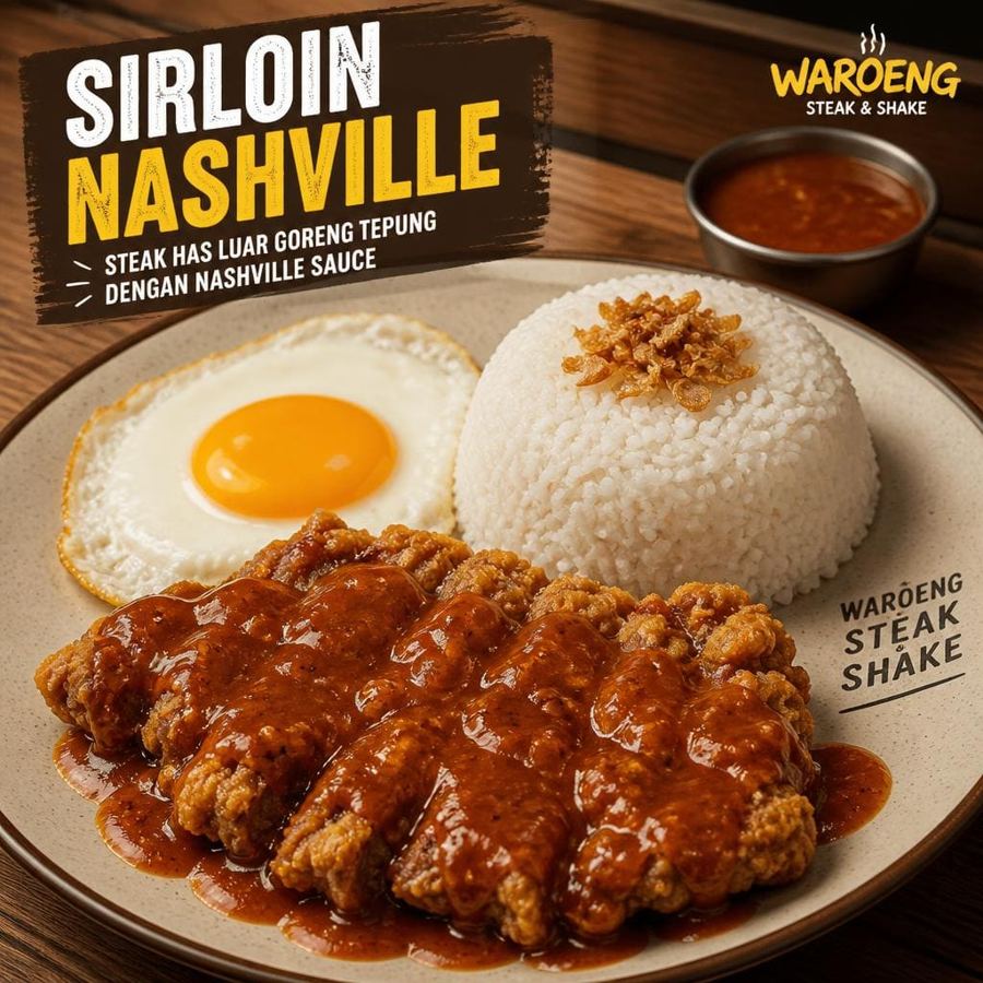 Foto Sirloin Nashville dengan steak daging sapi bagian has luar, nasi, telur, dan saus Nashville