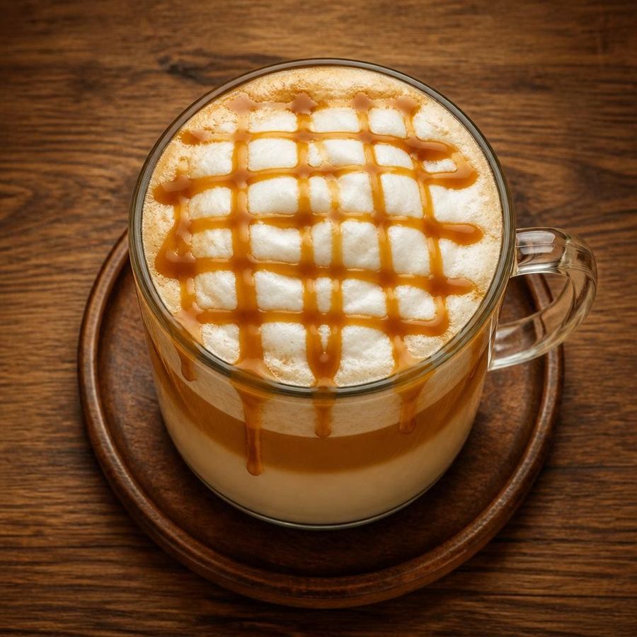 Foto Caramel Machiato dengan rasa kopi susu dan caramel